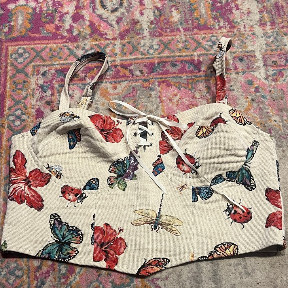 Cider Butterfly & Floral Corset Crop Top | Lace-Up Bustier
